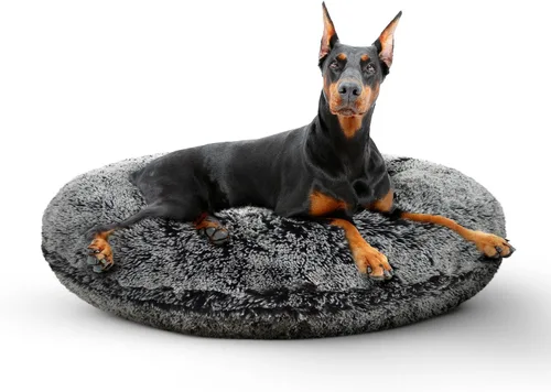 Vista 23 de Bessie + Barnie Cama para perro Bagel – Cama de puf de piel sintética extra afelpada – Cama circular para perro – Forro impermeable y funda lavable