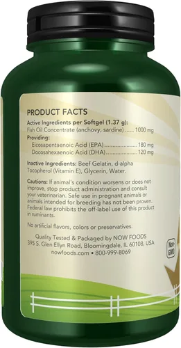 Vista 3 de NOW Pet Health, Suplemento Omega 3, formulado para gatos y perros, certificado NASC, 180 cápsulas blandas