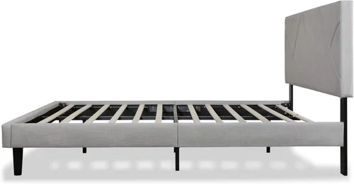 Vista 6 de Moderna base de cama tapizada de lino con cabecera capitoné, soporte de listones de madera, base de colchón, no necesita somier, marco de cama Beige