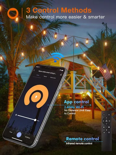 Vista 3 de addlon Tira de luces inteligentes para exteriores de 48 pies con control remoto, luces de patio regulables con 15 bombillas LED Edison impermeables