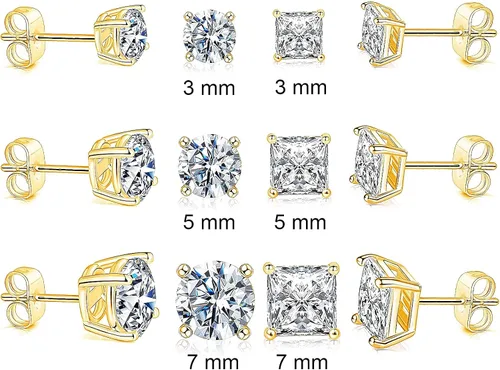 Vista 2 de Aretes de tuerca de circonita cúbica transparente chapados en oro de 18 quilates (6 pares), Circonia cúbica