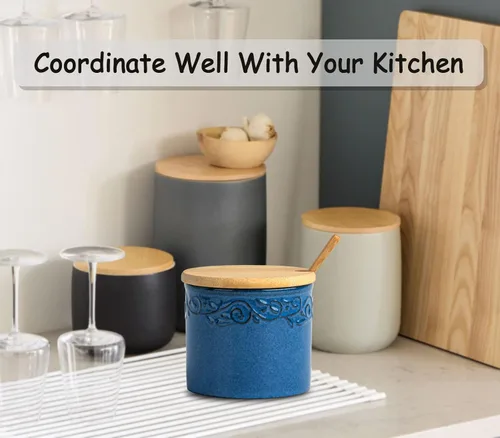 Vista 4 de dgudgu Azucarero Con Tapa Y Cuchara Tarro De Cerámica Azul Contenedor De Cubo De Azúcar Plato De Azúcar Con Tapa Y Cuchara Soporte