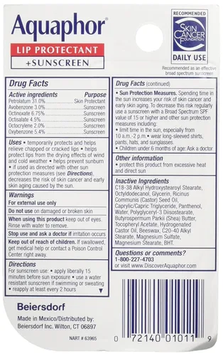 Vista 2 de Reparador de labio y protector Aquaphor Lip Repair, protección solar de amplio espectro SPF 30, 0.35 onzas, paquete de de 4
