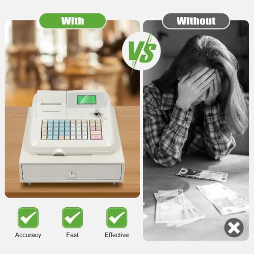 Vista 9 de Caja registradora electrónica, sistema POS de 48 llaves con bandeja de efectivo extraíble e impresora térmica, caja registradora multifunción