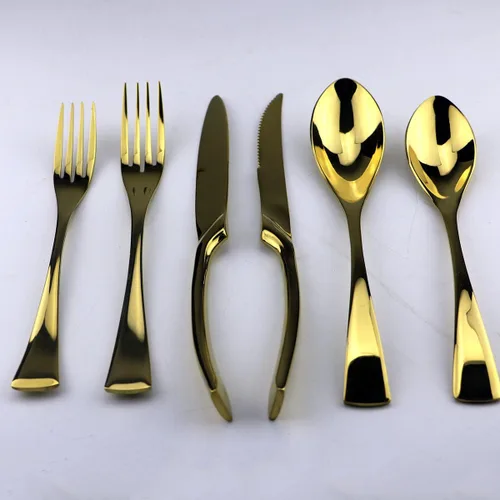 Vista 3 de Juego de cubiertos dorados de acero inoxidable pulido con espejo, cuchillo de carne, tenedor, tenedor de ensalada, cuchara de postre, 6 piezas