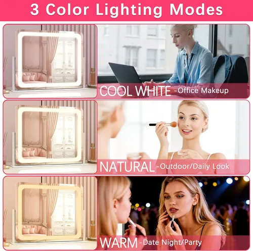 Vista 3 de ROLOVE - Espejo de tocador iluminado de 22 x 19 pulgadas con luces LED regulables, 3 modos de color, control táctil inteligente y base giratoria
