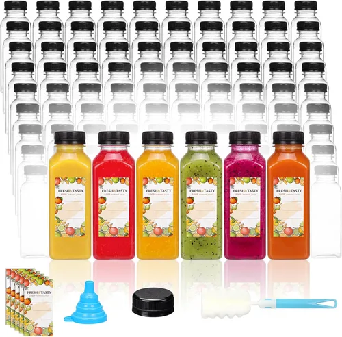 Vista 14 de TOMNK 100 botellas de plástico de 2 onzas con tapas, recipientes reutilizables transparentes para bebidas a granel para inyección de jengibre, jugo
