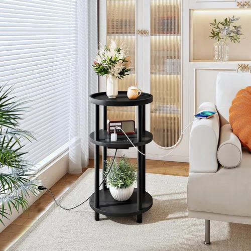 Vista 8 de HOOBRO Mesa auxiliar redonda pequeña con estación de carga, mesa auxiliar redonda de bambú de 3 niveles, mesa de noche compacta para sofá