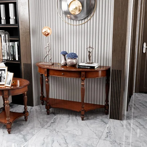Vista 60 de PADMA HOUSE Mesa de sofá semicírculo tradicional de madera maciza con tapa de vidrio templado para sala de estar, nogal cereza