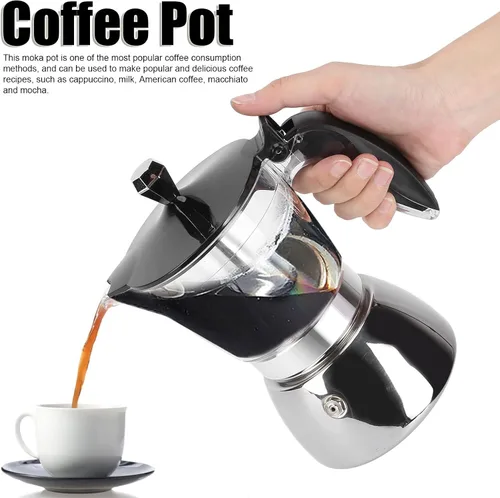 Vista 2 de Qiilu Olla moka prémium de 6 tazas, cafetera de acero inoxidable de 10.1 fl oz con tapa de vidrio, olla octogonal italiana para capuchino, café