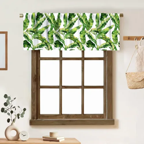 Vista 25 de Cortina de cenefa de hojas verdes tropicales, diseño de hojas de palmera, cenefa con bolsillo para barra, 1 panel, cortinas cortas para cocina