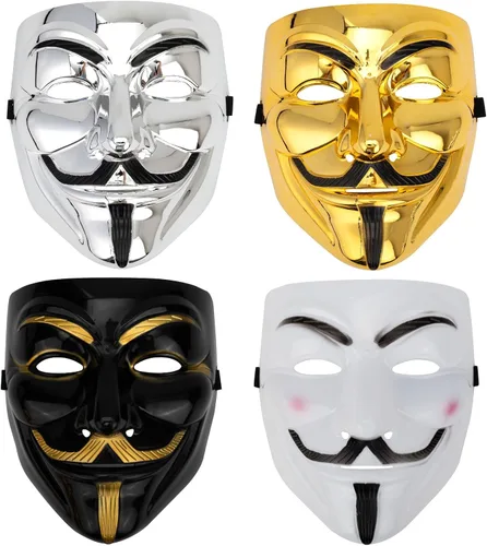 Paquete de 4 máscaras V para Vendetta Guy Fawkes máscara de calidad anónima para disfraz de Halloween, fiesta de cosplay