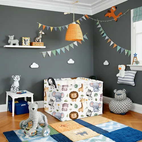 Vista 2 de HIYAGON - Cesta de Animales del Bosque Rectangular, Cesta de Almacenamiento para Bebé, Caja Organizadora de Almacenamiento, Caja de Decoración