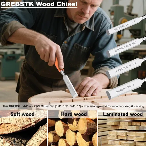 Vista 5 de GREBSTK Juego de 4 cinceles de madera CRV bisel de acero con bordes afilados con tapas de seguridad para carpintería y proyectos de bricolaje