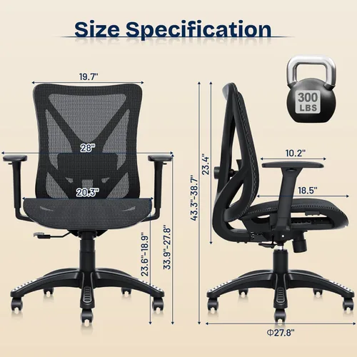 Vista 3 de Silla de oficina ergonómica, sillas de escritorio de malla para computadora con soporte lumbar ajustable, reposabrazos 3D, función de inclinación