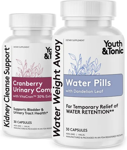 Youth & Tonic Píldoras diarias de retención de agua para limpiar los riñones, hinchazón y exceso de líquidos corporales y desechos metabólicos, 30 +