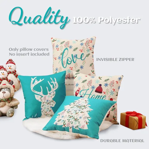 Vista 2 de CAROMIO Juego de 4 fundas de almohada decorativas de Navidad de 18 x 18 pulgadas, color verde azulado para el hogar, ciervos, árbol de Navidad