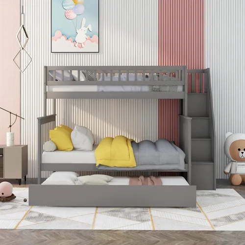 Vista 3 de Literas para niños con escalera, literas de madera maciza con barandilla completa