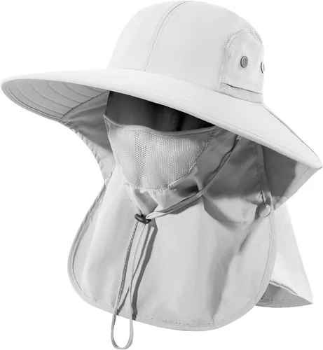 Vista 7 de Sombrero de pesca para hombre y mujer, sombrero de sol de ala ancha UPF 50+ con cubierta facial y solapa para el cuello
