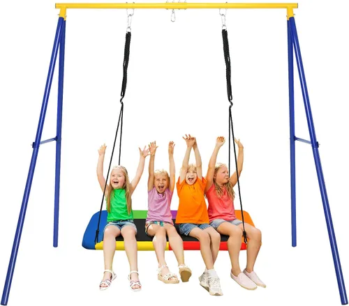 Vista 14 de HONEY JOY Juegos de Columpios de 440 libras para Patio Trasero, Juego de Columpios con Soporte de Columpio de Metal Resistente con Marco en A