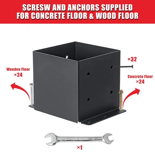 Vista 7 de Base para Poste 6x6 pulgadas, 4 Piezas, (Tamaño Interior 5.6x5.6 pulgadas) Kit de Soportes para Postes, Anclaje para Postes de Metal Negro