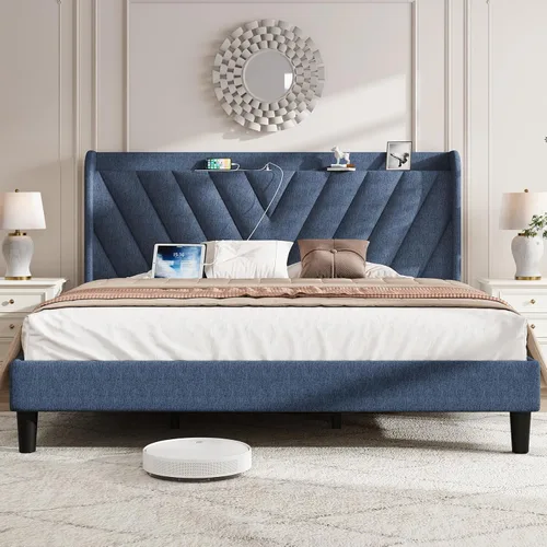 Vista 11 de koorlian Marco de cama tamaño matrimonial, Marco de cama tamaño matrimonial con cabecero, Marco de cama tapizado ajustable con puerto tipo C y USB