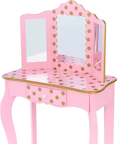 Vista 2 de Fantasy Fields Teamson Kids - Juego de tocador para niños con espejo LED, tocador de maquillaje con cajón de moda con estampado de lunares, juego