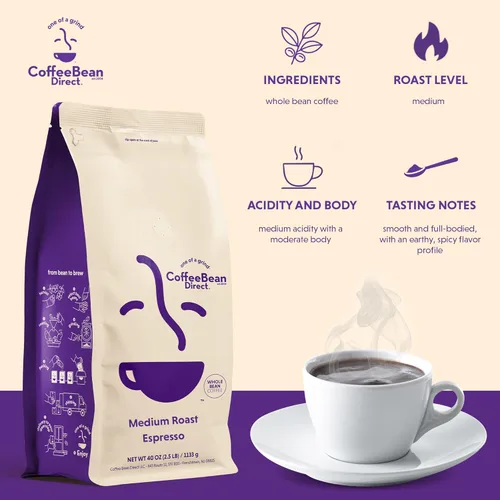 Vista 2 de Coffee Bean Direct Espresso de tostado medio, café de grano entero, tostado medio, bolsa de 2.5 libras (paquete de 1)