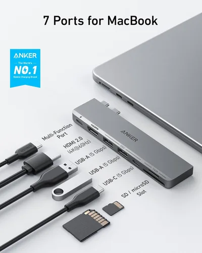 Vista 2 de Anker Hub USB C para MacBook, 7 en 2 con HDMI 4K@60Hz, compatible con Thunderbolt 4, 1 Tipo C y 2 puertos de datos USB A para MacBookPro de 13