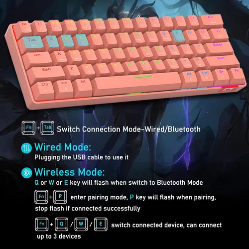Vista 6 de Teclado mecánico inalámbrico 60% de modo dual BT5.0USB-C para juegos con retroiluminación arco iris, compacto, 61 teclas, ergonómico, recargable