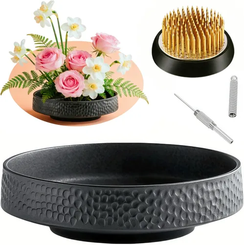 Vista 9 de Kit de jarrón Ikebana japonés, cerámicas de contenedor poco profundo para flores, jarrón Ikebana con rana de flores de 1.57 pulgadas y herramienta