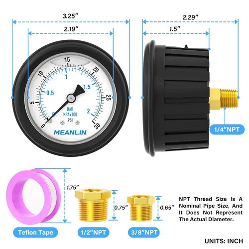 Vista 362 de MEANLIN MEASURE - Vacuómetro de presión de vacío de acero inoxidable, esfera con cara de 2.5 pulgadas, NPT de 1/8 de pulgada, montaje trasero
