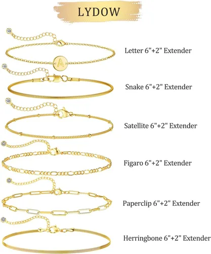 Vista 4 de Pulseras de oro para mujer, 6 piezas chapadas en oro real de 14 quilates con letras A-Z apilables para ajustable de 6 pulgadas + 2 pulgadas