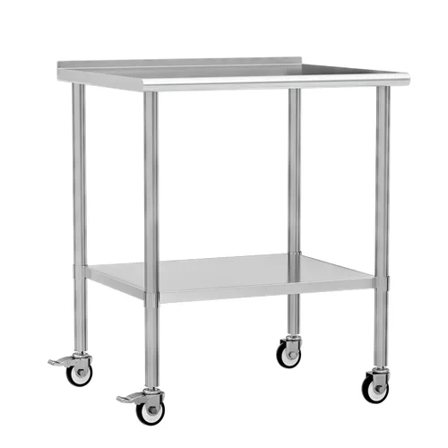 Vista 20 de Mesa de trabajo de acero inoxidable con ruedas, 24x24 pulgadas, mesa de preparación de alimentos NSF con salpicadero y estante inferior ajustable