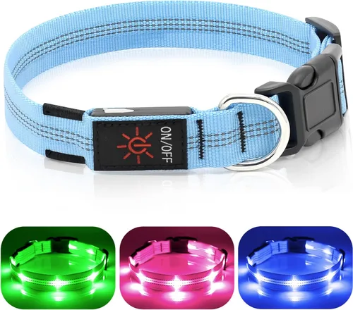 Vista 8 de Weesiber Collares de perro con luz LED, recargable, luces reflectantes ajustables para perros para caminar por la noche (verde, collar grande)