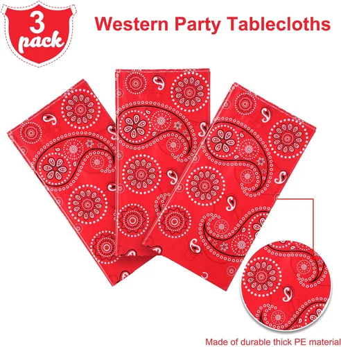 Vista 4 de Mantel rectangular de plástico con estampado de cachemira para fiestas temáticas de vaquero occidental, 108 x 54 pulgadas (rojo, paquete de 3)
