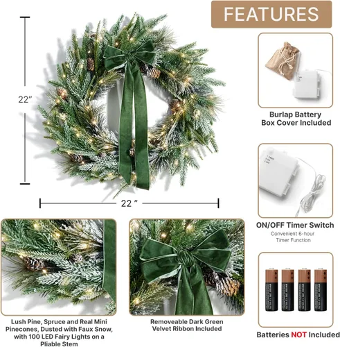 Vista 3 de LampLust Corona de Navidad de ciprés con luces, corona de 22 pulgadas con 100 luces LED a pilas y lazo de terciopelo, coronas de invierno