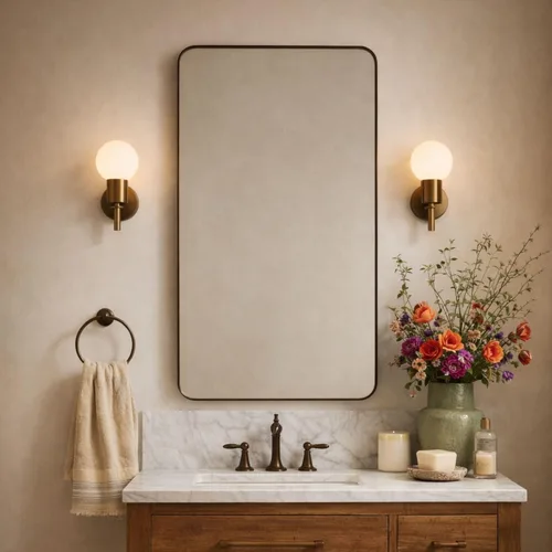Vista 19 de GRACTO Espejo de baño con marco de metal dorado cepillado de 24 x 30 pulgadas para pared en acero inoxidable redondeado rectangular espejo