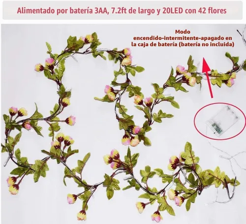 Vista 5 de Fielegen Guirnalda de 20 luces LED de flores artificiales de 7.2 pies con pilas, guirnalda de flores artificiales con luces de vid de rosas