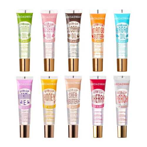 Ruby Kisses Broadway Vita-Lip Brillo de labios transparente (paquete de 10), fórmula hidratante y calmante con vitamina, bálsamo labial de alto