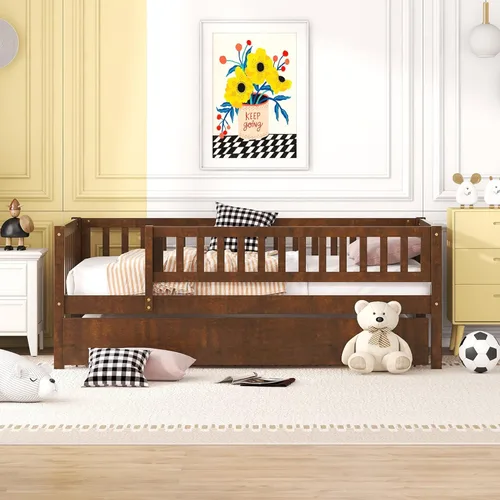 Vista 24 de P PURLOVE Sofá cama matrimonial con nido, marco de sofá cama con barandillas de valla, sofá cama de madera para niños, niñas y adolescentes jóvenes