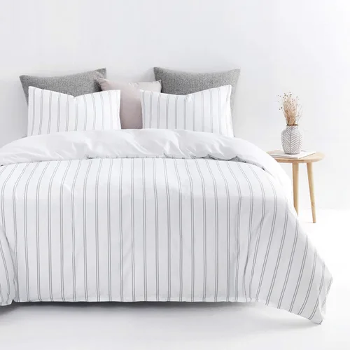 Vista 2 de Wake In Cloud - Juego de edredón a rayas, estampado de rayas verticales a rayas neutrales, ropa de cama suave y ligera, 3 piezas, gris y blanco