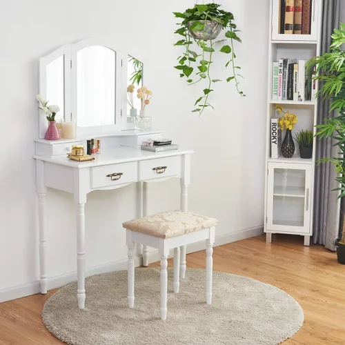 Vista 2 de Giantex Juego de tocador de maquillaje con taburete, tocadores con 4 cajones, espejo de tres pliegues, escritorio grande con espejo para dormitorio