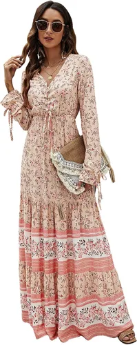 Floerns Vestido largo de manga larga con cuello en V y estampado floral para mujer