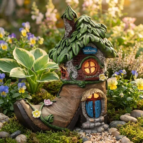 Vista 5 de TERESA'S COLLECTIONS Estatuas de jardín de casa de hadas con luz solar al aire libre para decoración de jardín, accesorios de jardín de hadas