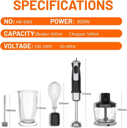Vista 7 de Batidora de mano de inmersión, 1000 W, 12 velocidades y modo turbo, licuadora de inmersión con motor de cobre 5 en 1, licuadora de acero inoxidable