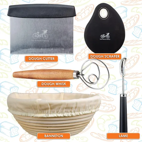 Vista 2 de Kit de regalo artesanal para hornear pan de masa madre Cesta de prueba de pan Banneton de 9 pulgadas Batidor de masa Puntuación de pan cojo