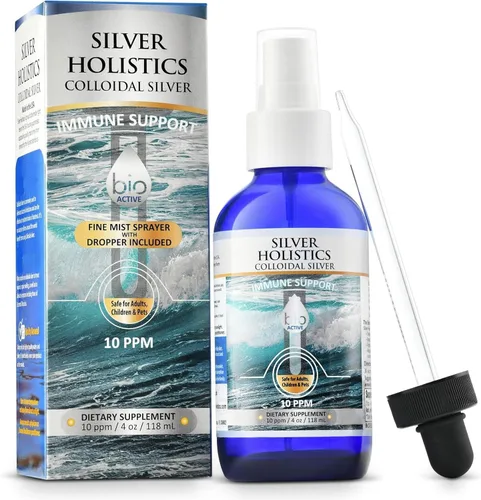 Spray Líquido de Plata Coloidal | 10 PPM Plata Iónica | Botella de Vidrio de 4 oz de Silver Holistics