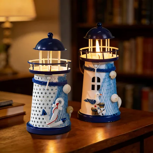 Vista 4 de Set of 3 Mediterranean Style Tin Lighthouse Candle Holders - Blue & White Nautical Lighthouse Decor with Seagull,Sailboat & Anchor Designs,Coastal