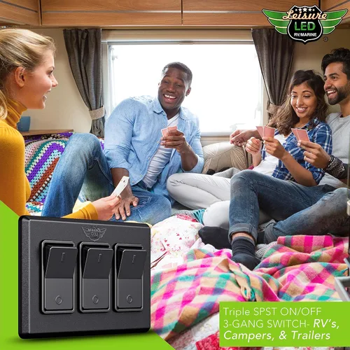Vista 9 de Leisure LED Moderno interruptor de encendido y apagado triple SPST con bisel, 12 voltios, para RV, remolque, cámper, con etiqueta adhesiva (negro)